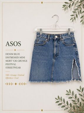 ASOS Denim Blue Distressed Mini Skirt Y2K Grunge Festival Streetwear UK 4 (US 0)